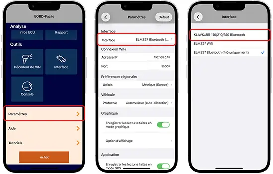 Le changement des paramètres de l'interface dans l'application EOBD-Facile