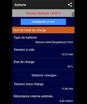 Résultats du test de l'état de charge de la batterie