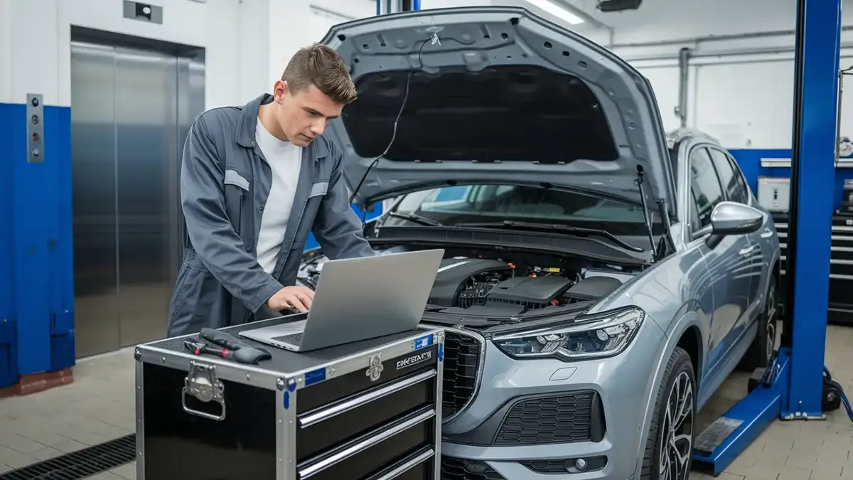 valise diagnostic auto dans un garage